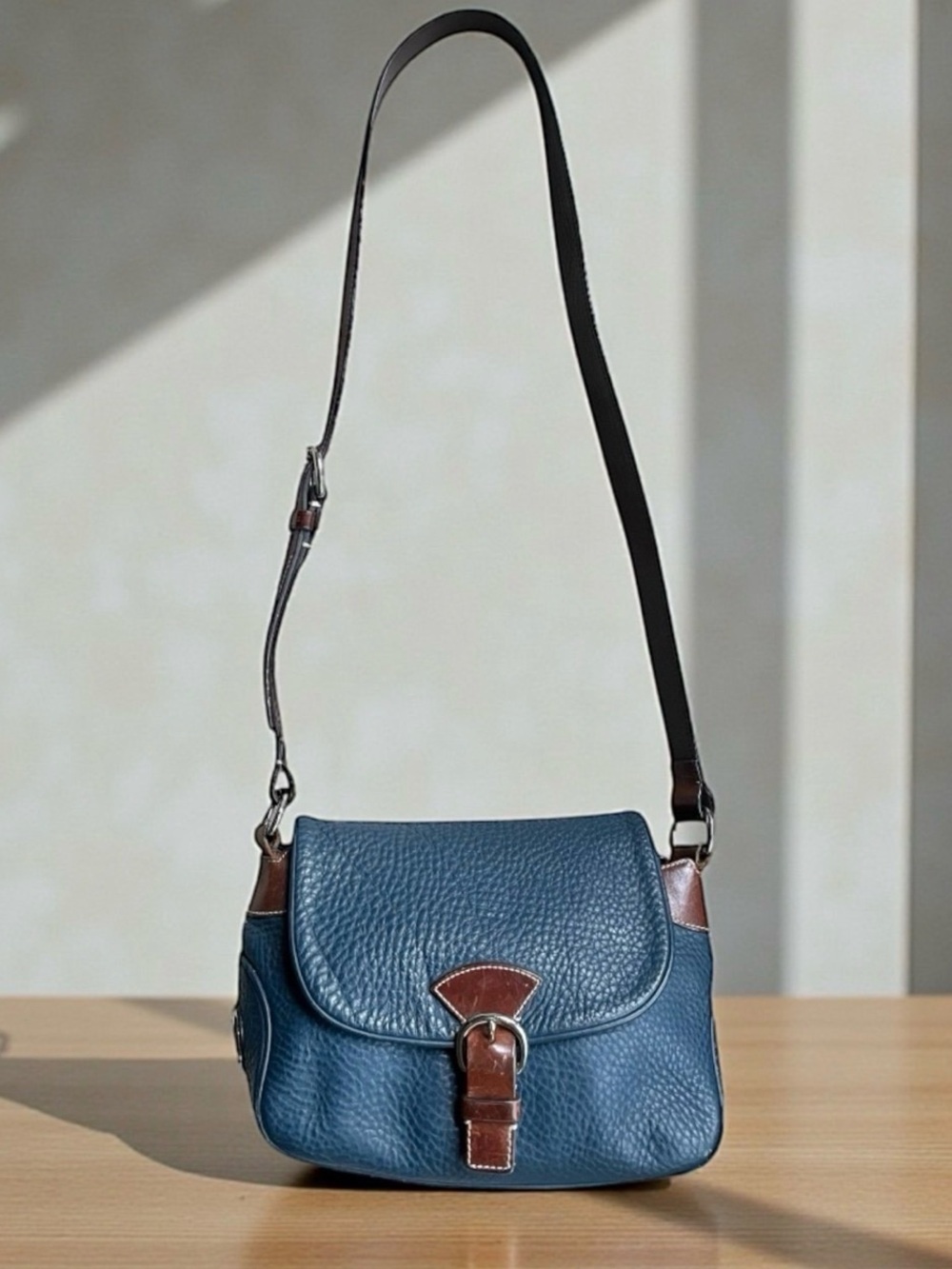Classic Blue Leather Crossbody Bag with Brown Trim